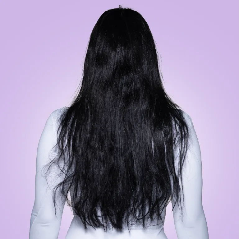 Antes de la rutina: el mismo cabello con frizz y puntas abiertas, visto de espaldas