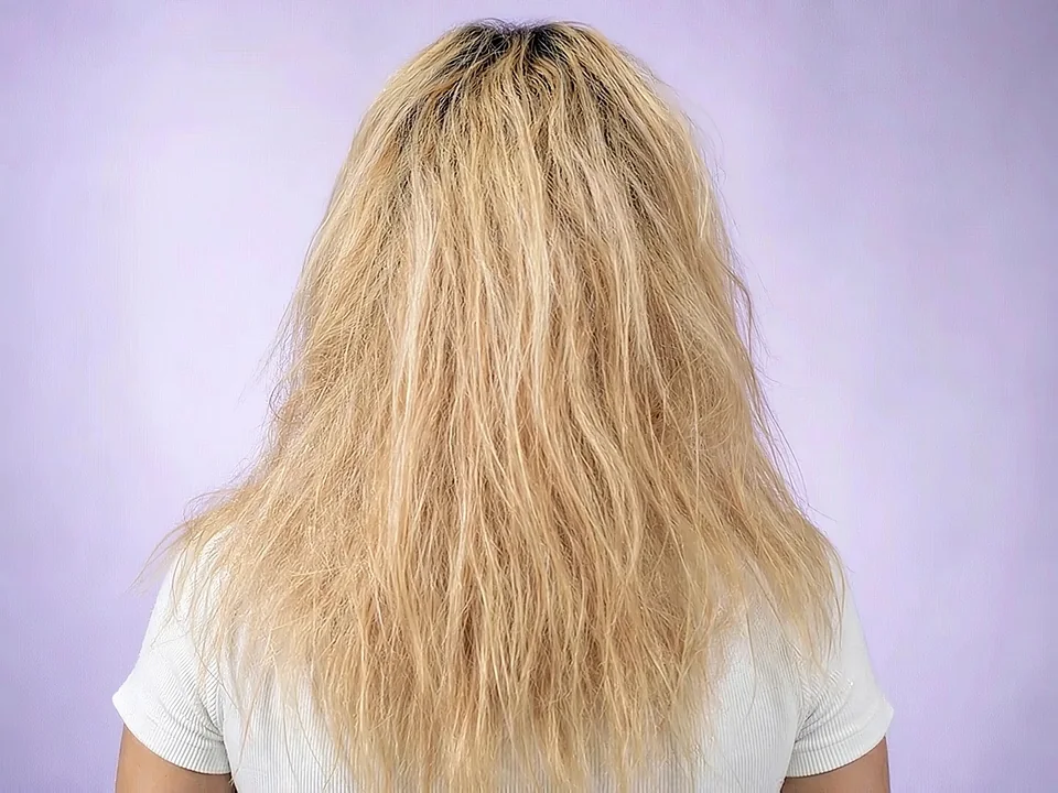 Cabello decolorado, reseco y sin brillo, visto de espaldas